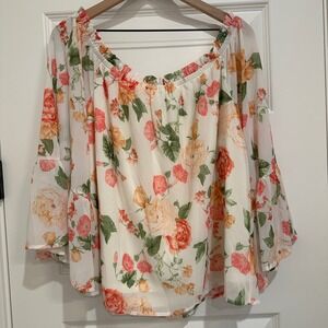 FLYING TOMATO Floral 3/4‎ Sheer Bell Sleeve Off Shoulder Crop Boho Top Size 1X